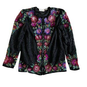 Vtg Lawrence Kazar Womens S Floral Colorful Sequin Jacket